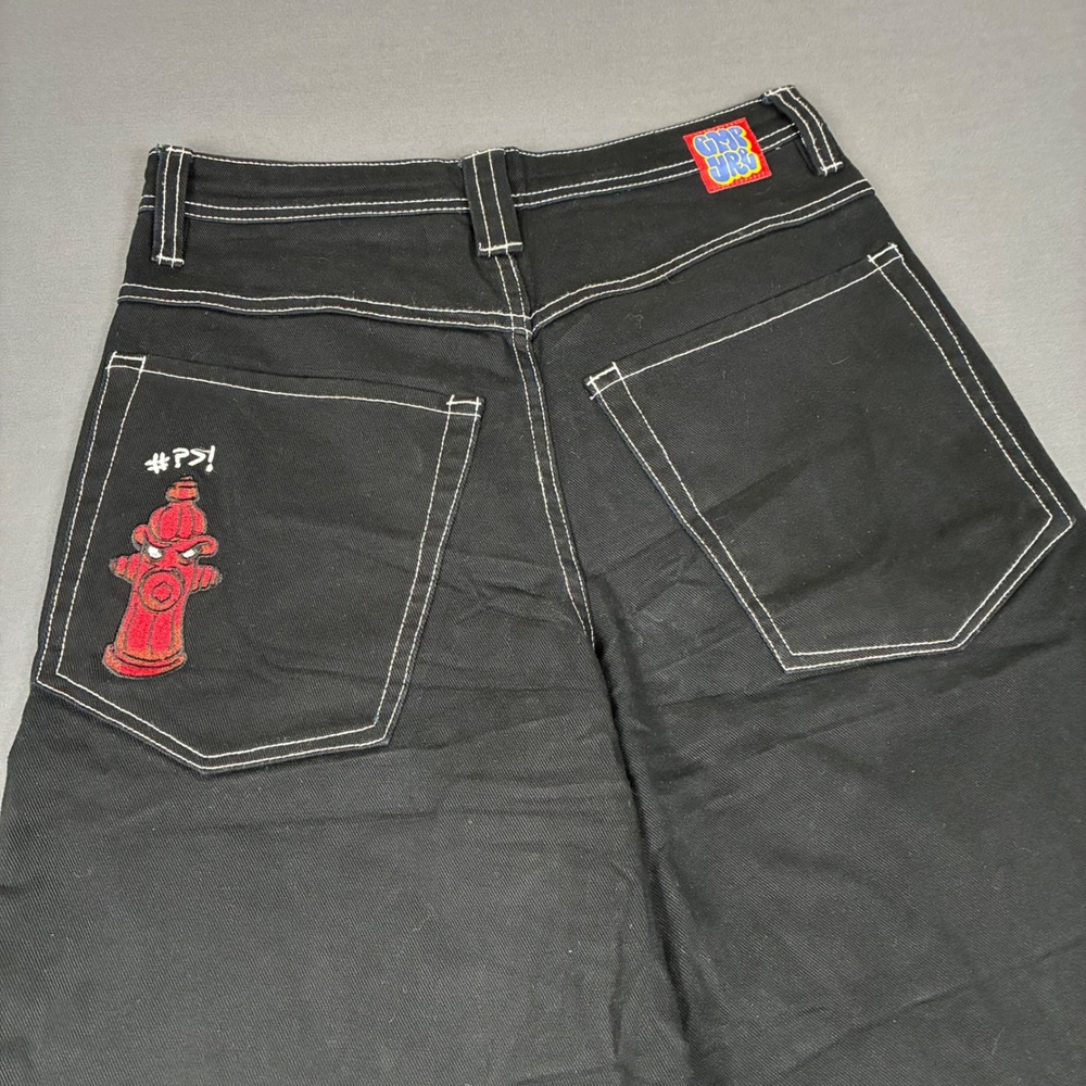 Y2K Empyre Black Denim Jorts Embroidered Fire Hydrant Men's Size 28 Skater - Picture 2 of 7
